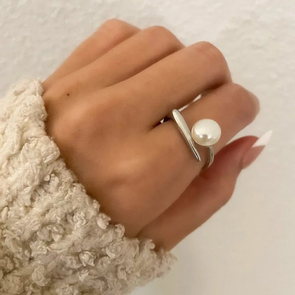 925 Sterling Silver Bar Ring Pearl Ring Pearl Bar Ring Minimalist Dainty Ring - Picture 3 of 8